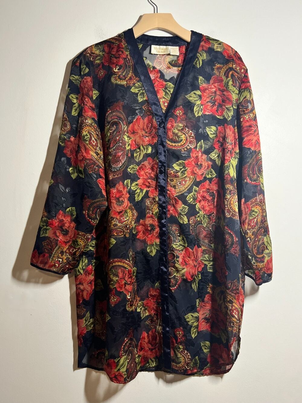 VTG Victoria's Secret EUC Red/Blue/Green Floral Sheer Button Front Nightgown M/L